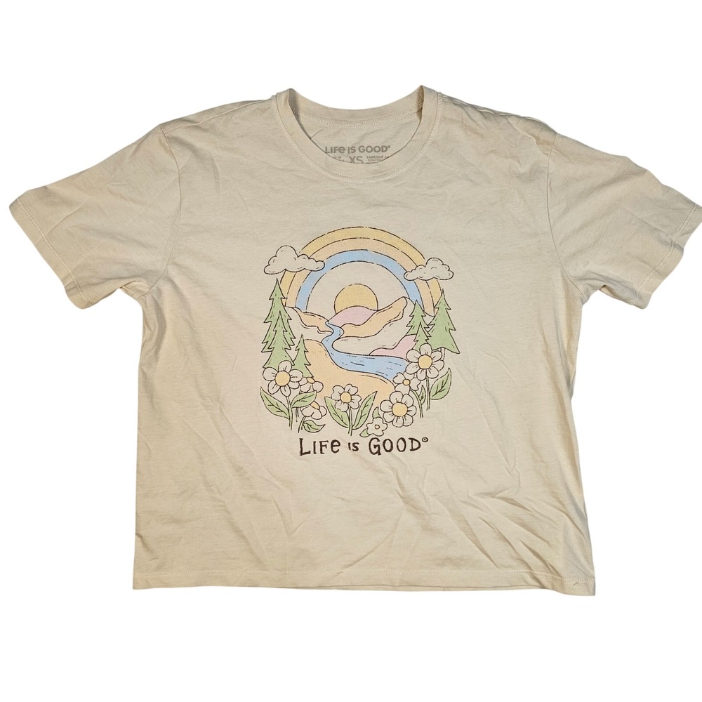 Life is Good Womens XS Cream Graphic T-Shirt Rainbow Mountain Daisy Nature Tee